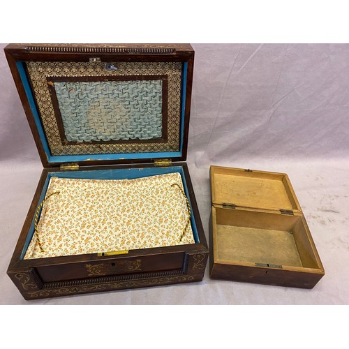 236 - A 19th Century rosewood and brass inlaid sewing box - 12in. wide and a small box with carved decorat... 