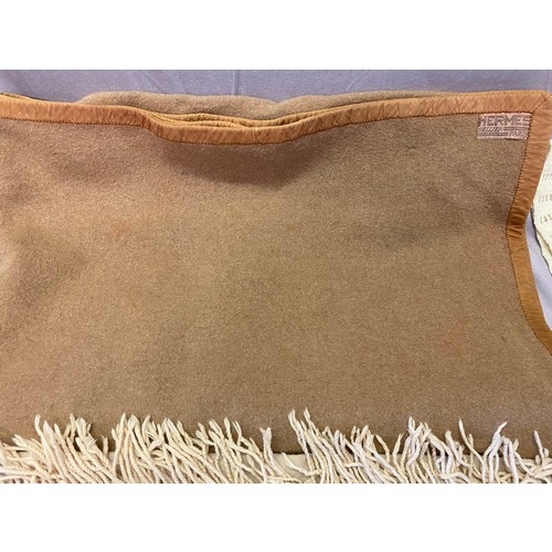 27 - A 1930's Hermes Sellier Paris light brown car blanket with bound edges, a 1930's beige wool rug, fri... 