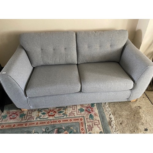 15 - Two modern grey upholstered two seater settees with loose seat and back cushions, on light oak feet