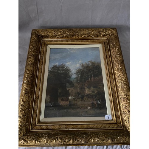 11 - A signed oil on canvas - Farmyard scene with figures, sheep, chickens, horses and goat before buildi... 