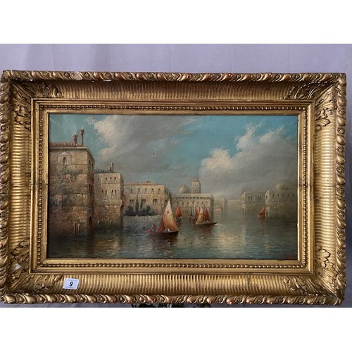 13 - James Salt.  A signed oil on canvas - Venetian canal scene with figures in boats, before buildings, ... 