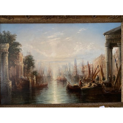 15 - A 19th Century oil on canvas - Continental river scene with figures in boats before classical buildi... 
