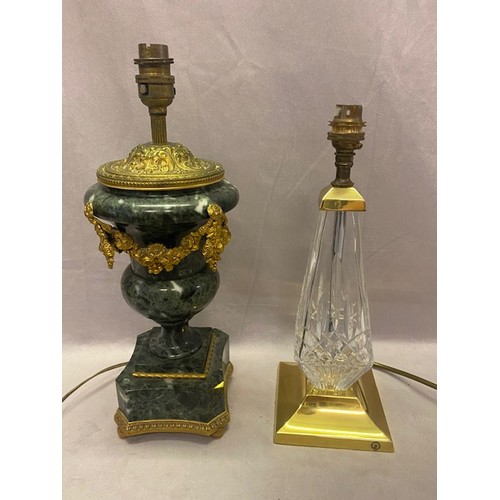 56 - A green marble tablelamp base with gilt flower swag decoration, on shaped square base and gilt feet ... 