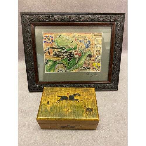 17 - A small watercolour of a green M.G sports car, framed and glazed - 4in. x 6in. and a trinket box dec... 