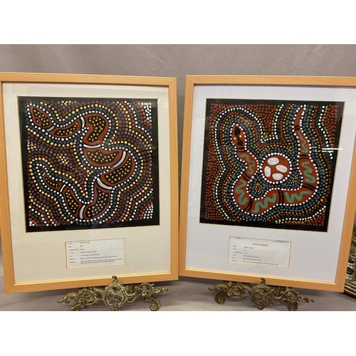 19 - Marlene Coombe.  Two aboriginal acrylics on canvas depicting snakes, mounted, framed and glazed - 13... 