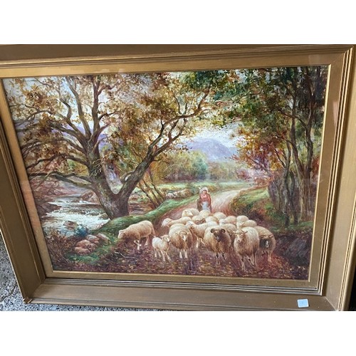 25 - J. Rigby.  A pair of signed oils on canvas - Lady with sheep on a path beside a river, and child bef... 