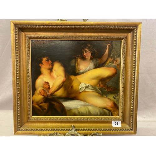 27 - Oils on copper panel - Samson Breaking His Bonds Before Delilah, gilt framed - 10 1/2in. x 12in.