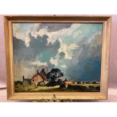 28 - Osborne.  Oils on panel - Landscape with cottage and trees under a cloudy blue sky, framed - 15 1/4i... 
