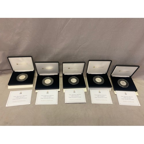 225 - Five two ounce silver coins from the Queens Beast series, in original fitted boxes with certificates