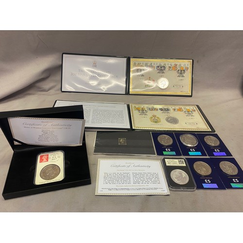 229 - A silver 2019 1oz Silver Britannia with certificate, a House of Windsor Centenary Datestamp UK £5 co... 
