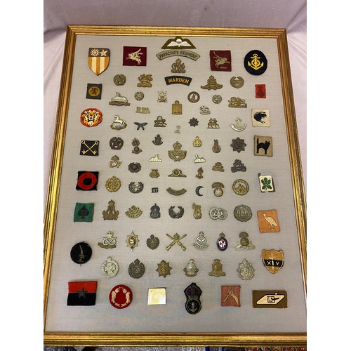 230 - A collection of military cap badges and campaign patches, mounted and framed - 32in. x 24in.