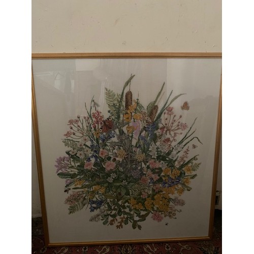 236 - A large tapestry - Still life of flowers and bees, framed and glazed - 40in. x 37in.