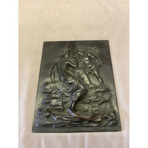 244 - A rectangular bronze plaque decorated with a classical lady and cupid - 9 1/2in. x 7 1/2in.