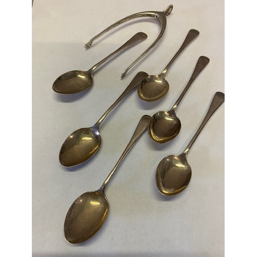 186 - A set of six silver coffee spoons and matching silver wishbone sugar tongs - Birmingham 1929, makers... 