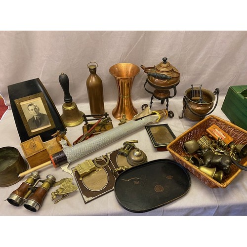 332 - A Japanese parasol, copper vase, kettles, brass shell case, binoculars, novelty cigarette dispenser,... 