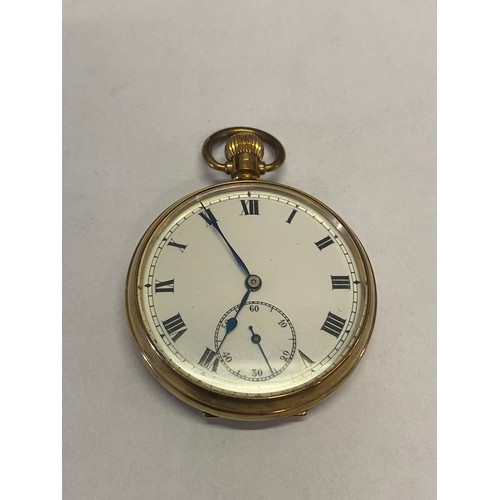 293 - A gentleman's openface pocket watch, white enamel dial, seconds dial, in a 9ct. gold case