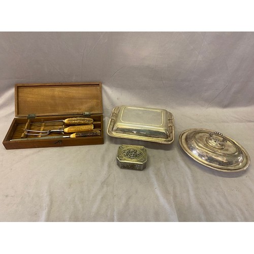 208 - An oval silver plated entree dish and cover, a rectangular ditto, a Chinese white metal trinket box ... 