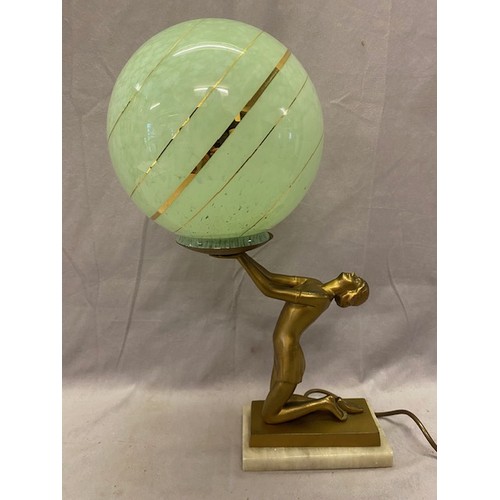 345 - An Art Deco spelter tablelamp base in the form of a kneeling lady holding a green spherical glass sh... 