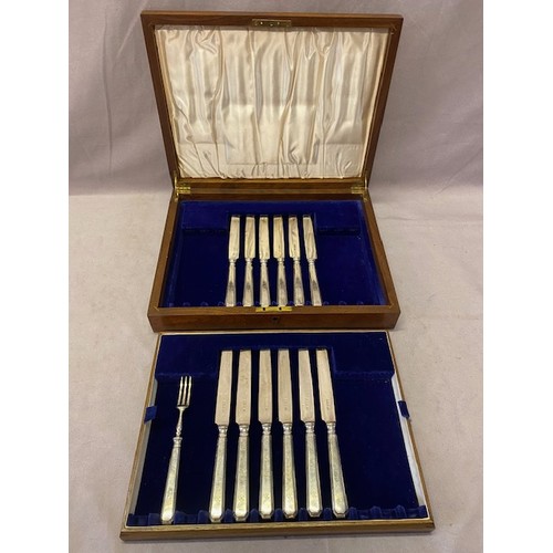 249 - A mahogany box containing twelve dessert knives and one fork with silver blades, tines and covered h... 