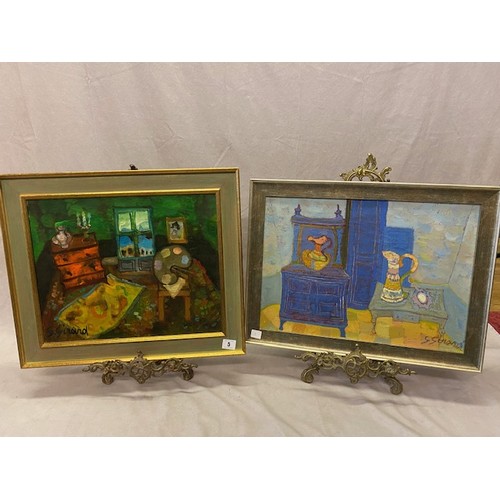 5 - G Girard.  A signed oil on canvas entitled Atelier 77, framed - 13in. x 16in. and the other a blue i... 