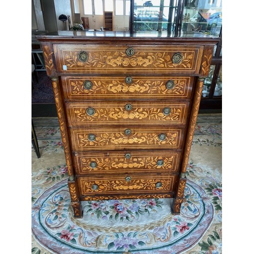 57 - An antique Dutch marquetry chest fitted six drawers, turned pilasters with silver coloured metal cap... 