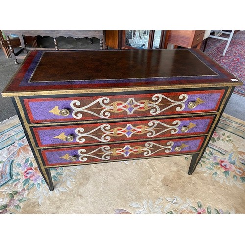 59 - An Italian black painted commode with coloured diamond decoration, fitted three drawers, on square l... 