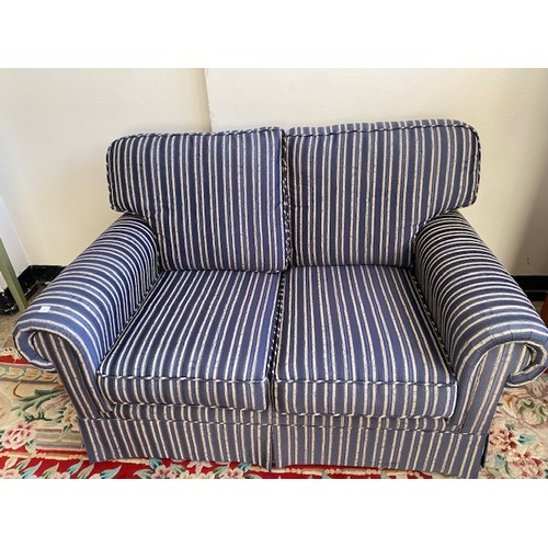 114 - Two two seater settees with loose seat and back cushions upholstered in blue and cream striped mater... 