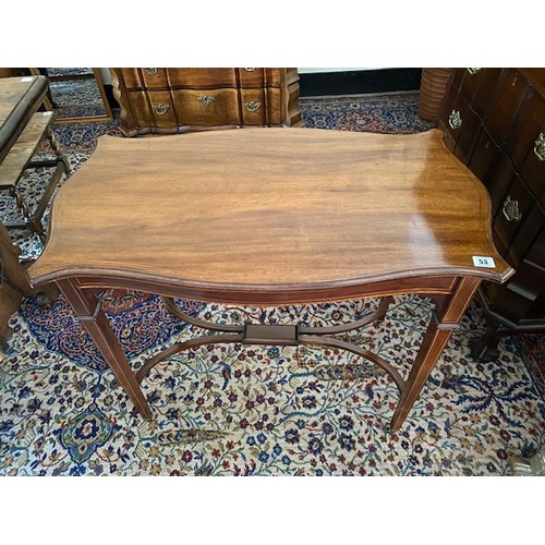 53 - An Edwardian mahogany and satinwood inlaid two tier occasional table - 33 1/2in. wide