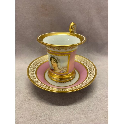 111 - A Sevres porcelain cabinet cup and saucer, the cup with gilt scroll handle, white and gilt rim, pink... 