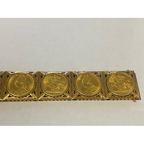 198 - An 18ct. gold bracelet set with seven Victorian sovereigns