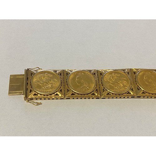 198 - An 18ct. gold bracelet set with seven Victorian sovereigns