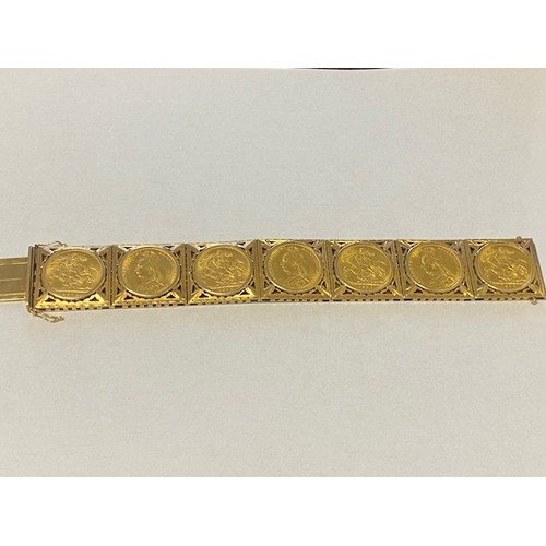 198 - An 18ct. gold bracelet set with seven Victorian sovereigns