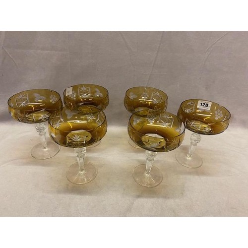 120 - Six amber pedestal sorbet glasses with etched grape decoration - 6in. high