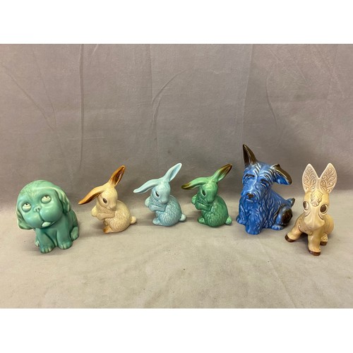 104 - Three Sylvac models of rabbits, a mule, a blue dog and a green dog