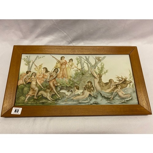 83 - A Continental bisque plaque with raised decoration of classical female figures, framed - 8in. x 17in... 