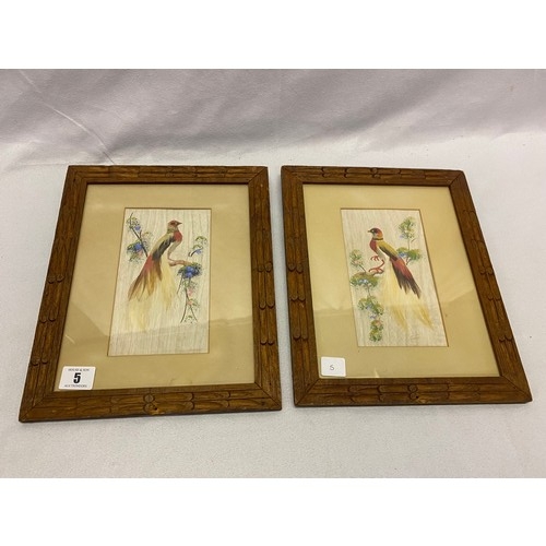 5 - Two paintings of birds with feather decoration, framed and glazed - 7in. x 4in.