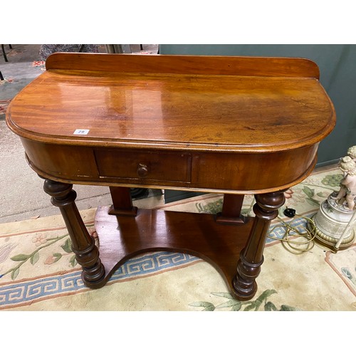 29 - A Victorian mahogany console table with low raised back, frieze drawer, on fluted tapering legs unit... 