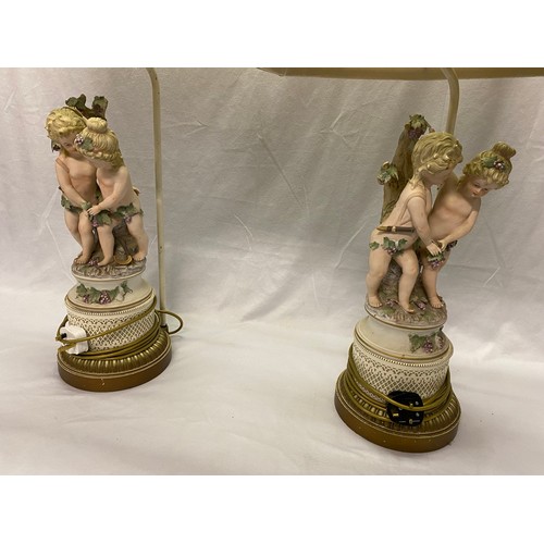 40 - A pair of Continental bisque tablelamp bases modelled as two putti, on reticulated style bases - 18i... 