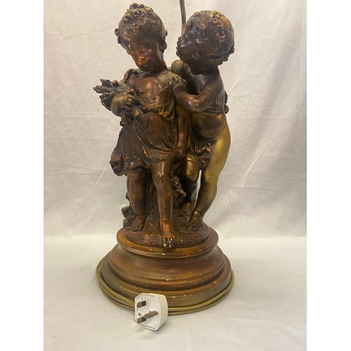 36 - A bronzed resin tablelamp base in the form of two children, on circular base - 22in. high