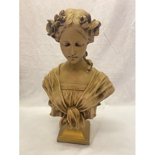 37 - A resin bust - Head and shoulders of a lady, on square socle base - 19in. high