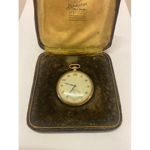 191 - An openface pocket watch with seconds dial, in a 9ct. gold case with engraved monogram to the back, ... 