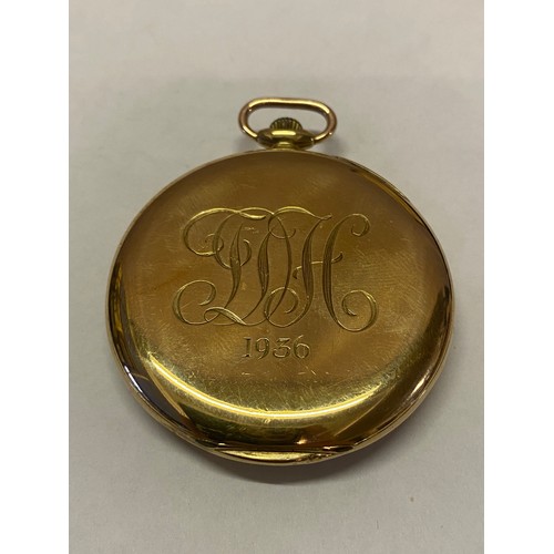 191 - An openface pocket watch with seconds dial, in a 9ct. gold case with engraved monogram to the back, ... 