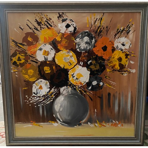 10 - Terry Peters. Oils on canvas - Still life of vase of flowers in brown, white and orange, framed - 35... 