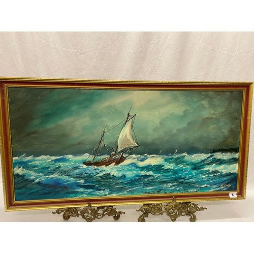 6 - W. Bird.  A signed oils on board - Fishing boat on a rough sea, framed - 15in. x 34in.