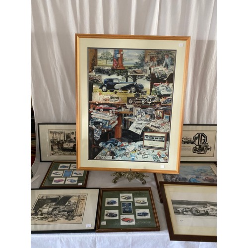 28 - A coloured print after Nicholas Watts 'The Monte Carlo Rally 1964', framed and glazed and a selectio... 