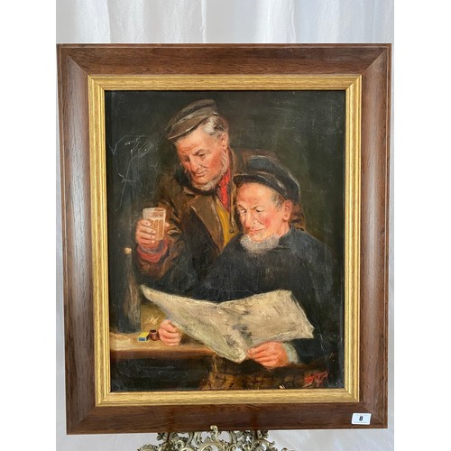 8 - B.H Saunders 1911.  Oils on canvas depicting two gentlemen, one seated reading, the other standing b... 