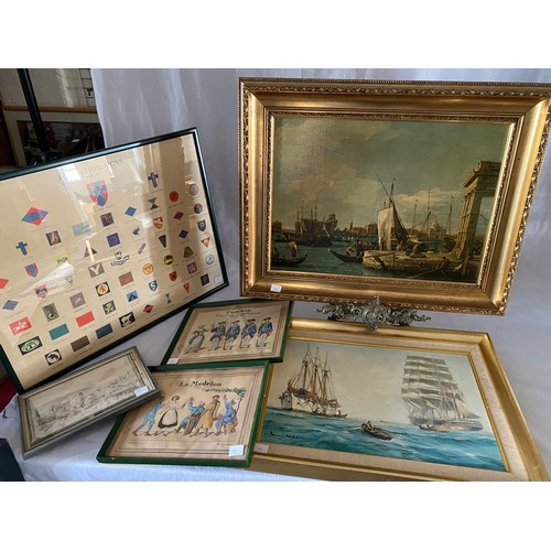 19 - A selection of decorative pictures including a coloured print of a Venetian canal scene, Formation S... 