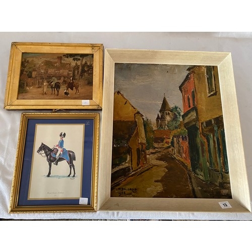 13 - N. Delorne 1933.  Oils on canvas - Continental street scene, framed - 17in. x 15in., an oleograph of... 