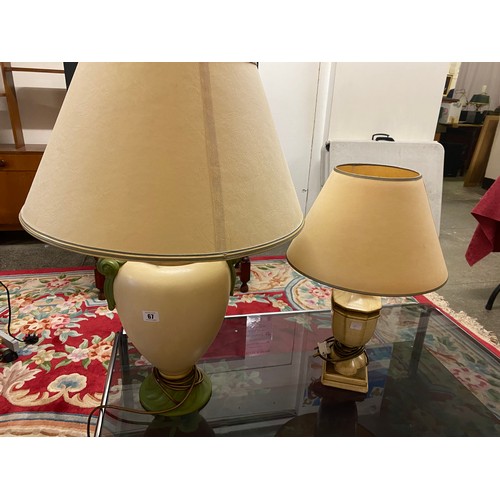 67 - A large cream and green ovoid tablelamp base and a cream panelled tablelamp base, both complete with... 