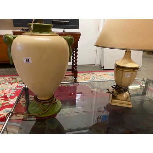 67 - A large cream and green ovoid tablelamp base and a cream panelled tablelamp base, both complete with... 